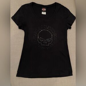 Black Harley-Davidson women's M t-shirt Willie G Skull graphic of rhinestones.